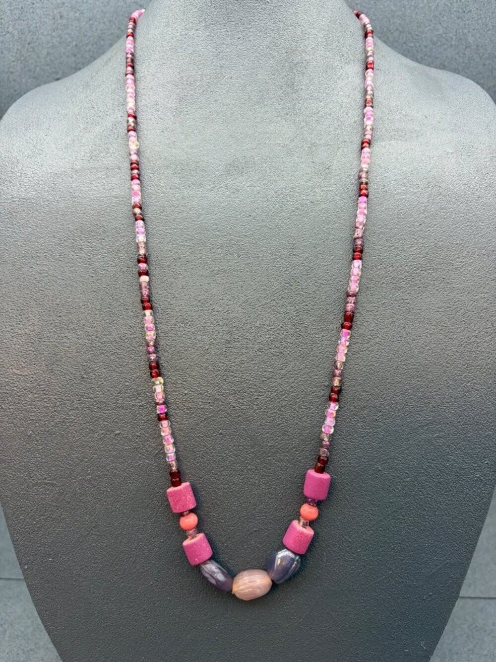 Long Beaded Necklace 32 In Pink Purple Red Glass Beads Statement Boho Handmade